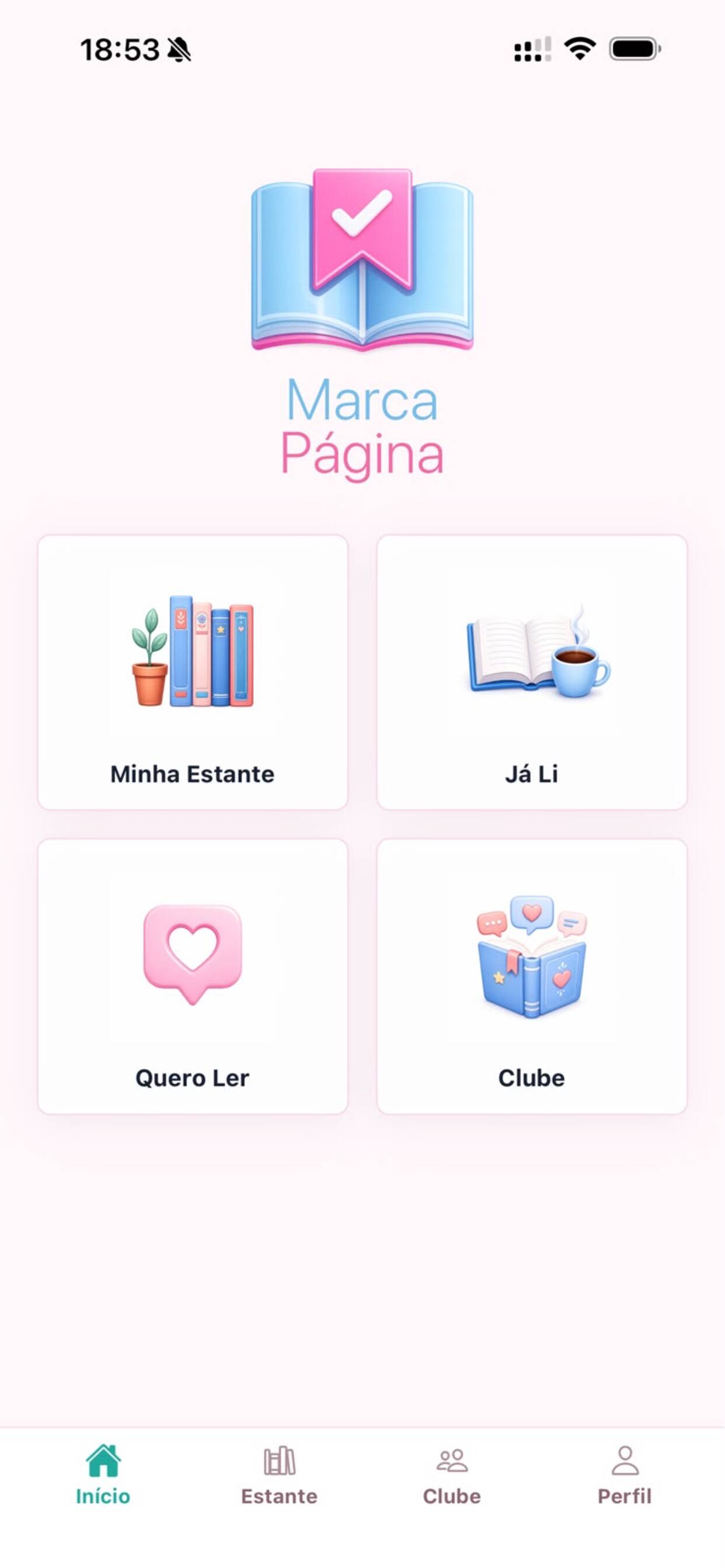 Tela inicial do aplicativo Marca Página